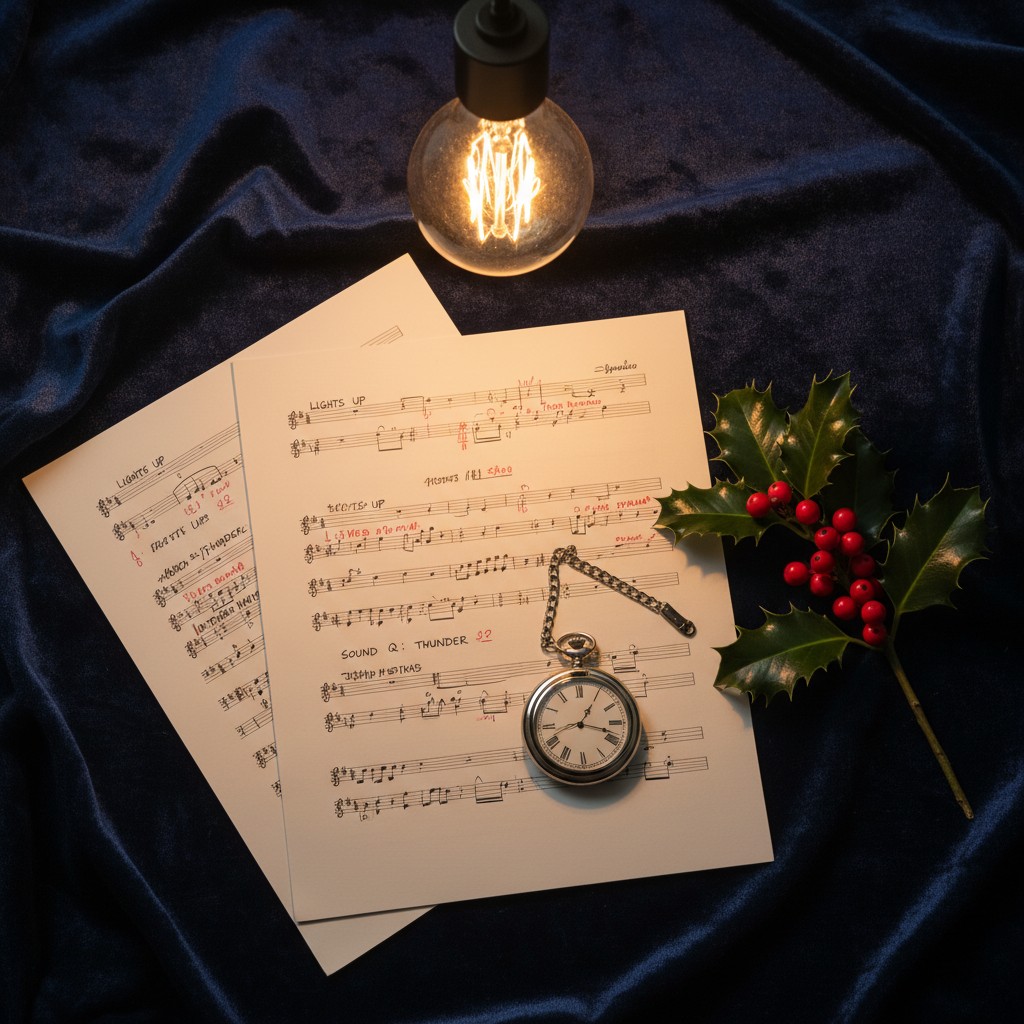 A vintage-themed photograph capturing a page of sheet music, a pocket watch, and a holly with red berries, set on a navy b...