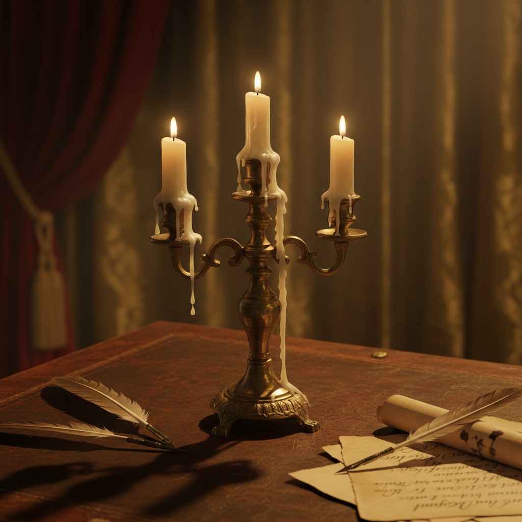 A candle candelabra with three white candles, partially melted and sitting in the center of a table. To the left is an ink...