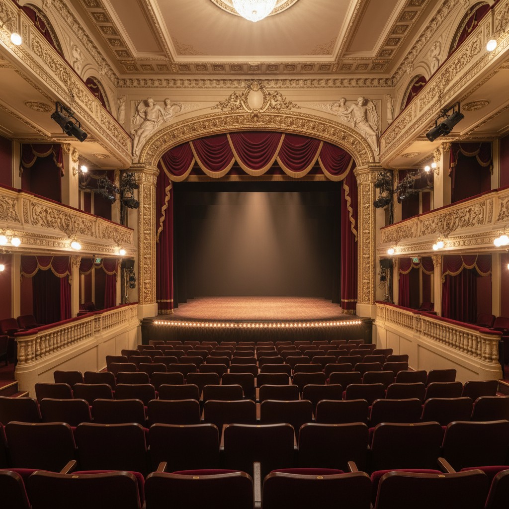 A large empty concert stage with a balcony and velvet red curtains.